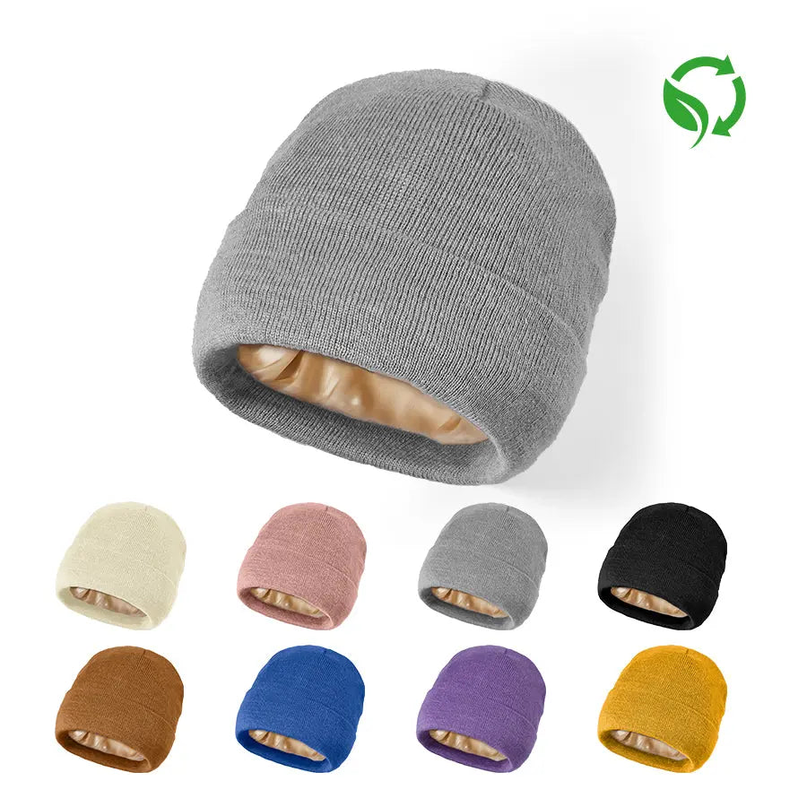Blank Cuffed Satin Lined Knit Beanies Wholesale - 1176 ( Recycled Polyester & Acrylic )