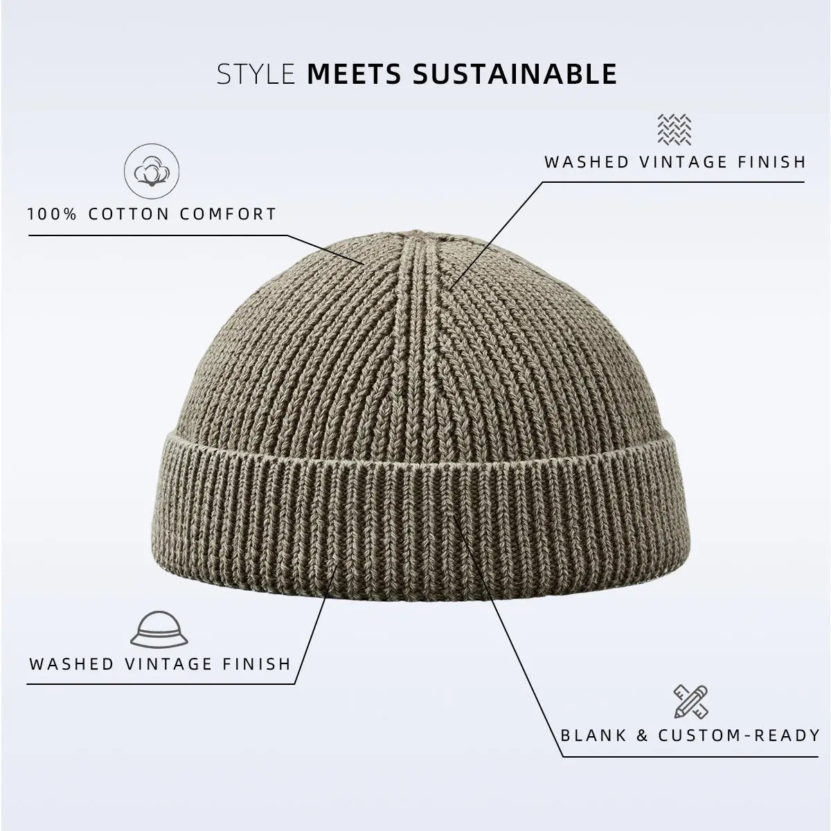 Blank Vintage Organic Cotton Short Fisherman Beanie Wholesale - 1359 Foremost Hat
