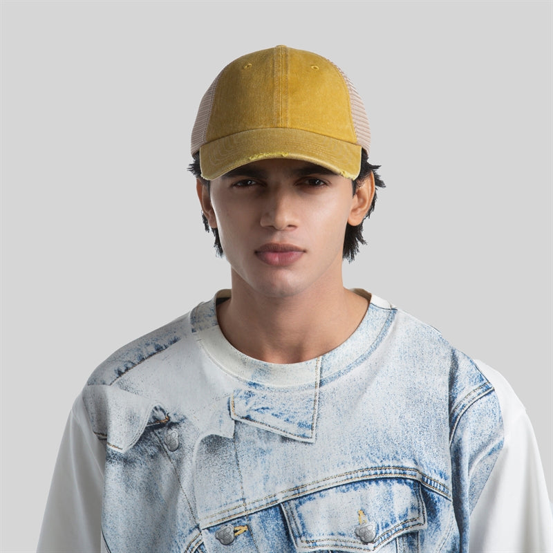 Blank Vintage Cotton Sand Unstructured Mesh Trucker Hats Wholesale - 6532