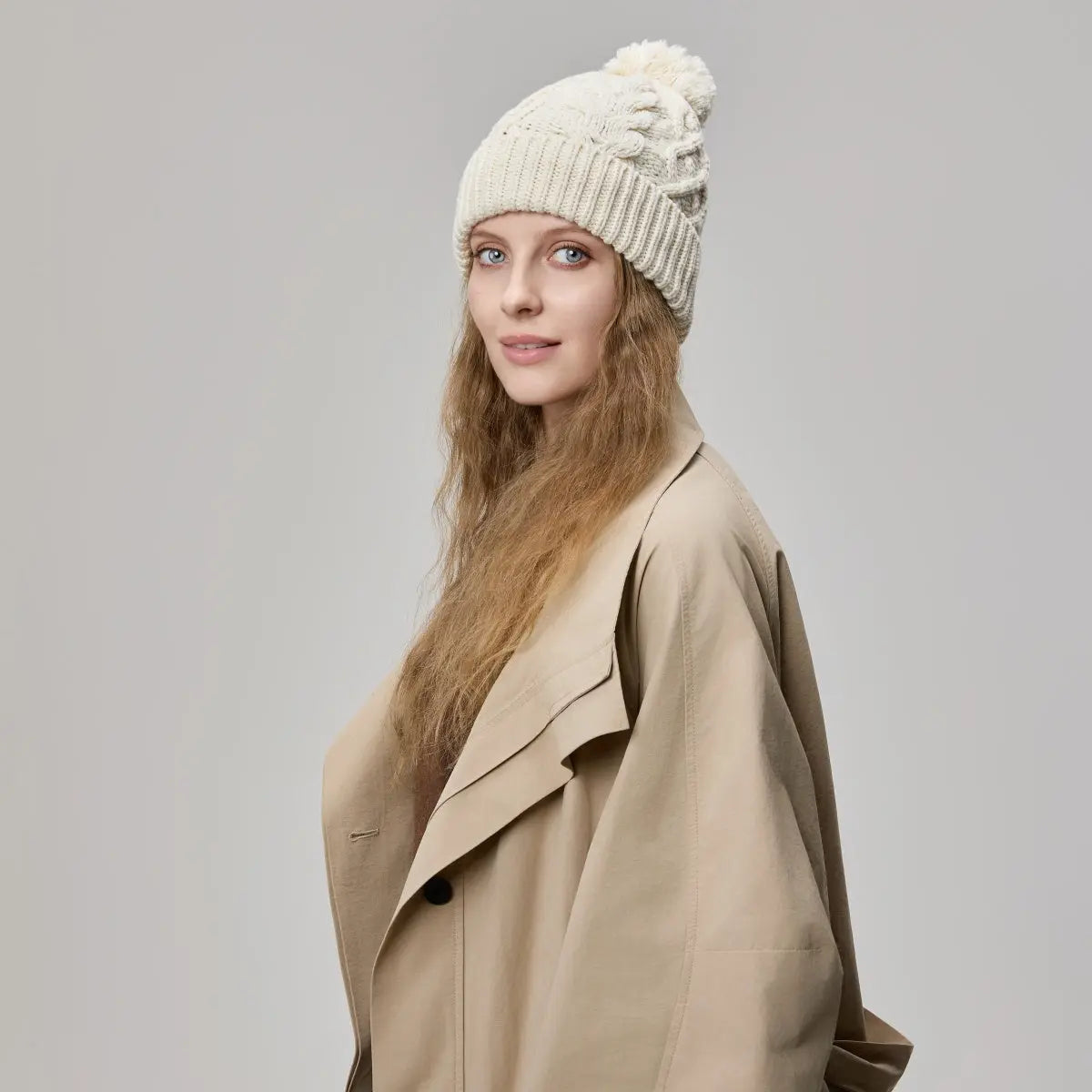 Blank Cable Knit Merino Wool Pom Pom Beanie Wholesale - 1168