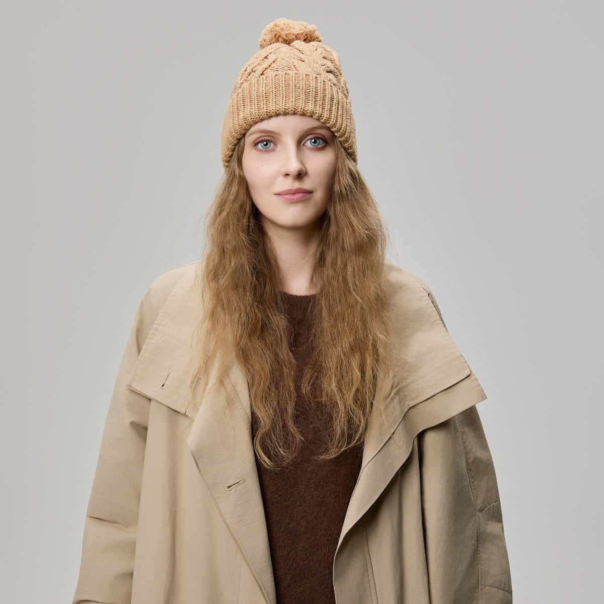 Blank Cable Knit Merino Wool Pom Pom Beanie Wholesale - 1168