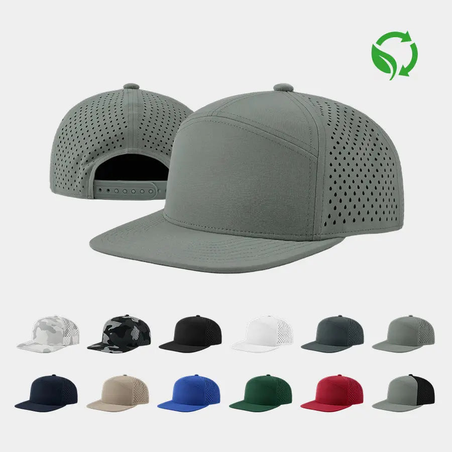 Blank Flat Bill 7 Panel Perforated Snapback Golf Hat Wholesale - 6472   Foremost Hat