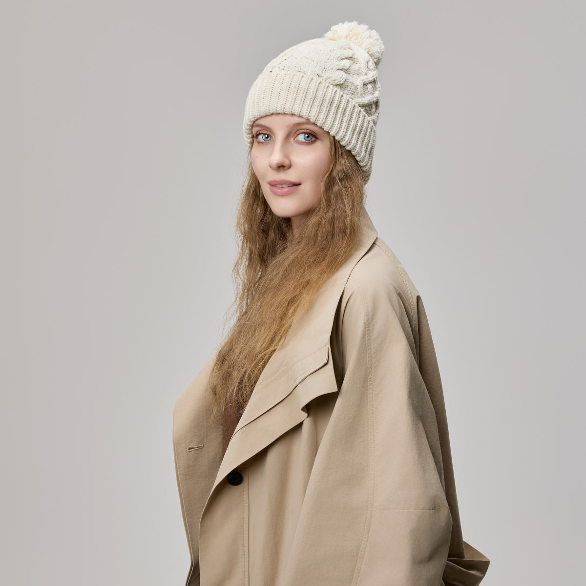 Blank Cable Knit Merino Wool Pom Pom Beanie Wholesale - 1168