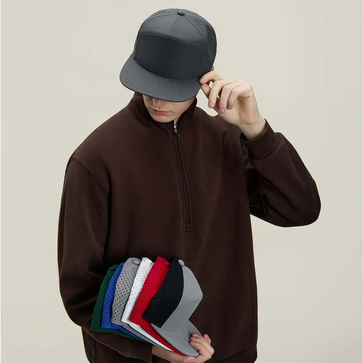 Blank Flat Bill 7 Panel Perforated Snapback Golf Hat Wholesale - 6472   Foremost Hat