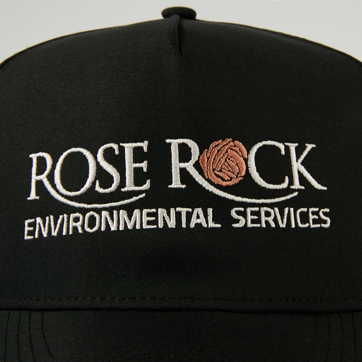 custom flat embroidery hat with rose rock text